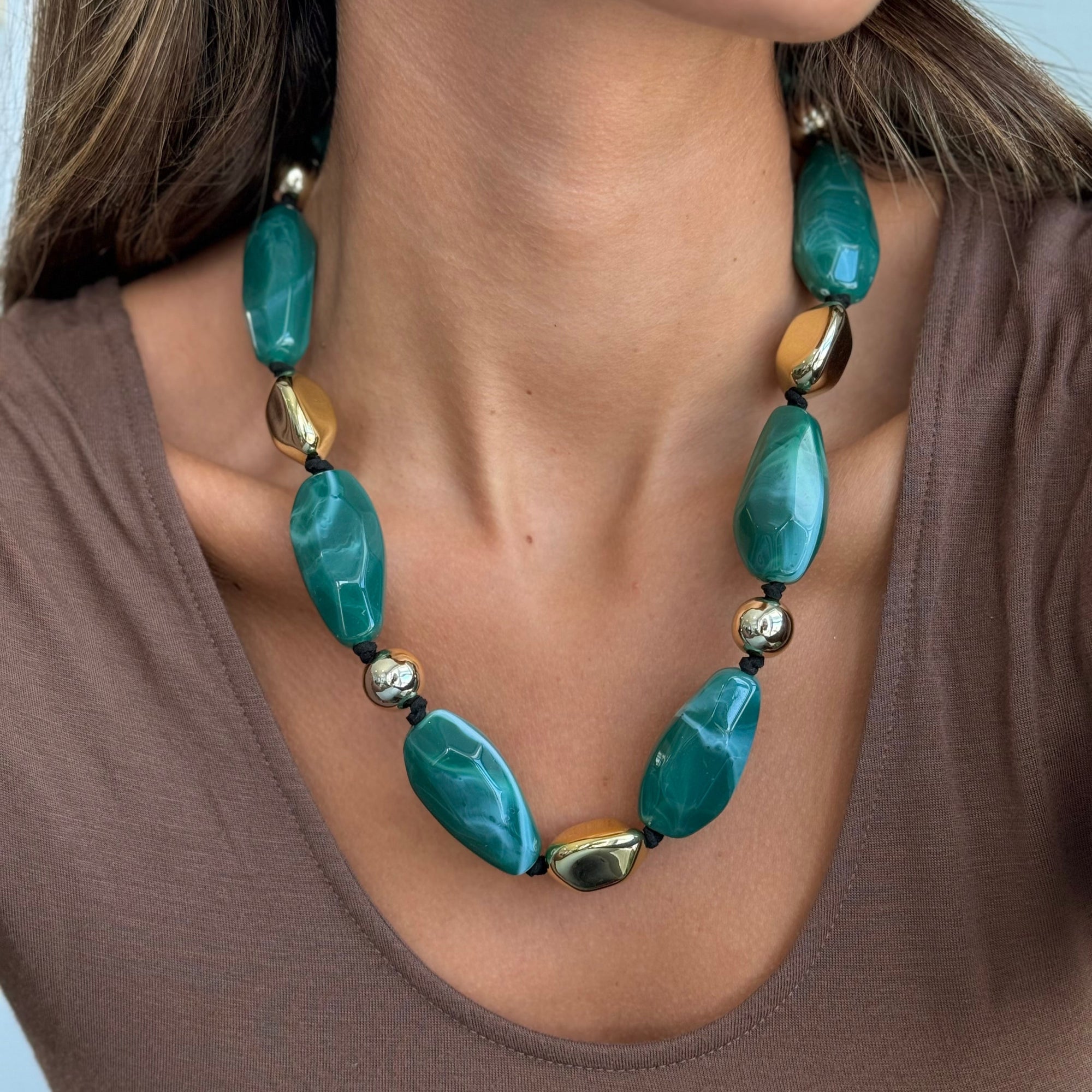 Chunky Green & Gold Bead Necklace - Adina's Jewels