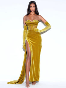 Octavia Draping Crystal Corset High Slit Velvet Gown | Gold