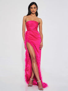 Perrin Fuchsia Feather Dress High Slit Gown | Pink