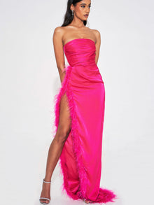 Perrin Fuchsia Feather Dress High Slit Gown | Pink