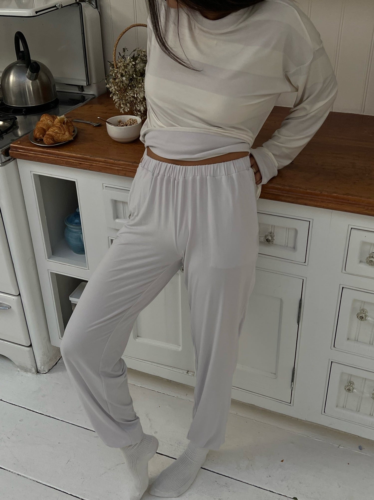 Oversized Long Sleeve Crewneck Top | Cloud Grey/Ivory