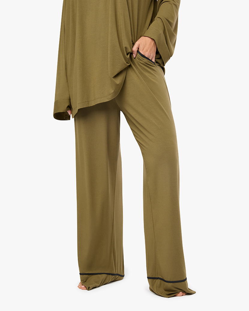 Piped Wide Leg Pant | Fern/Black