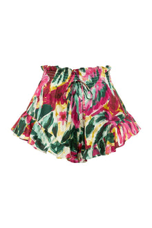 Floral short with pink, green, and yellow botanical print, elasticated waistband, drawstring tie, and flared hem.