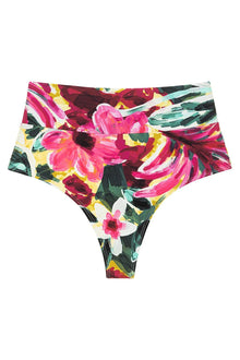 High-rise bikini bottom with multicolored floral print in pink, yellow, green, and black.