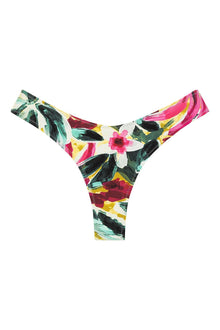 Colorful floral bikini bottom with pink, green, black, and yellow brush stroke pattern and zig-zag stitching details.