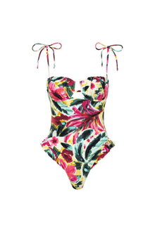 Pink, yellow, and black floral one-piece swimsuit with ruffled neckline and multicolored tie shoulder straps.