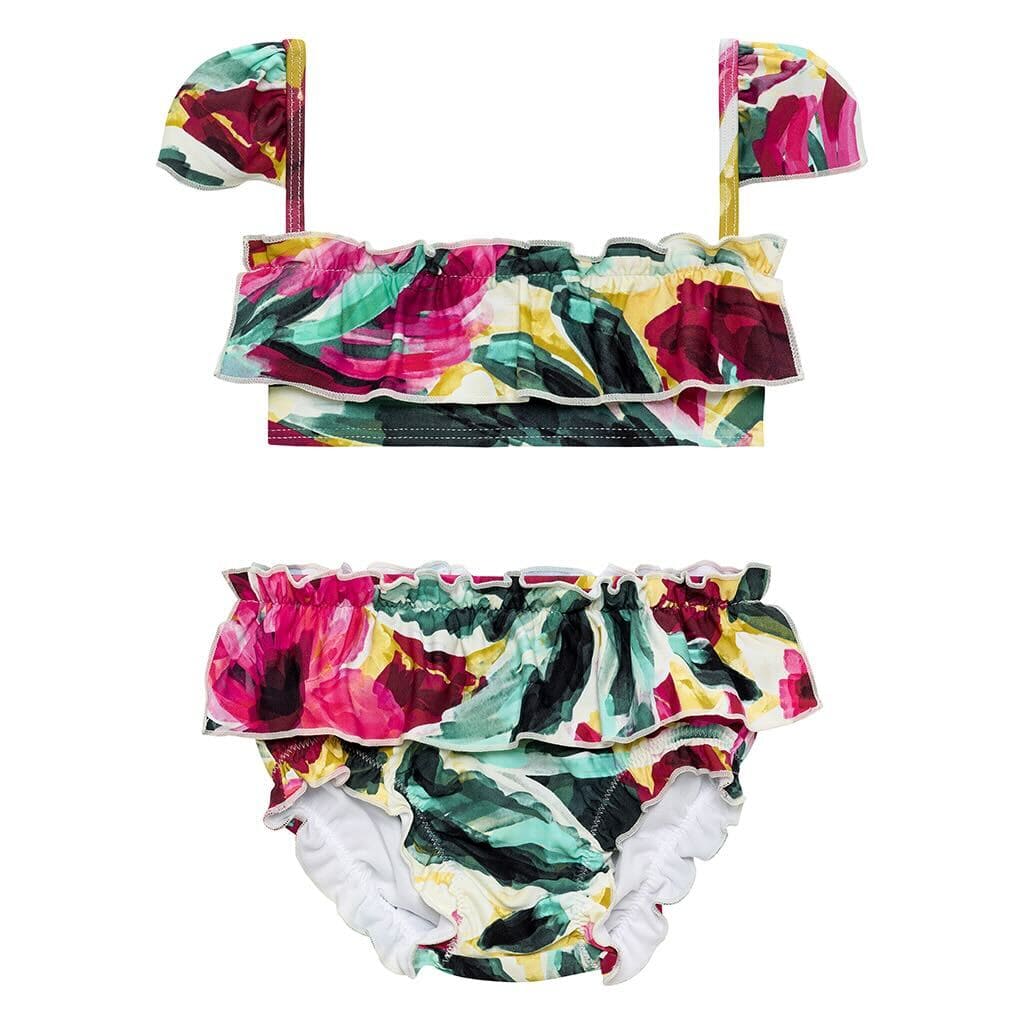 Two-piece bikini set with multicolored floral print in pink, teal, yellow, and black with ruffled trim and shoulder straps.