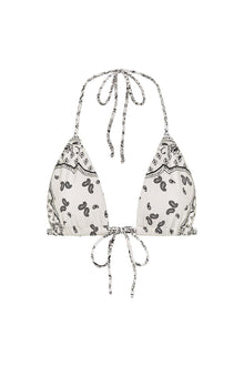White and black bandana-print triangle bikini top with adjustable neck and bottom ties.