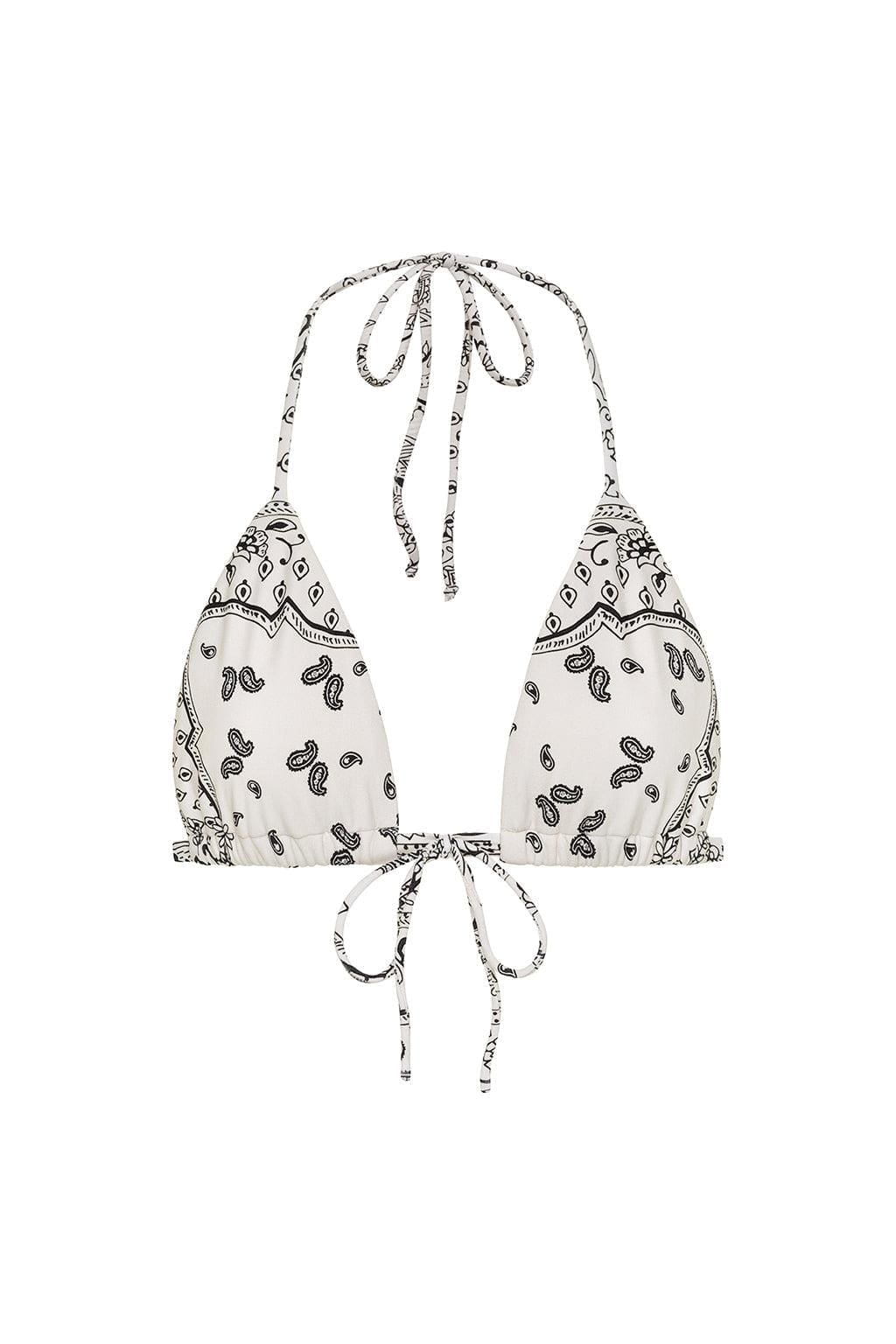 White and black bandana-print triangle bikini top with adjustable neck and bottom ties.