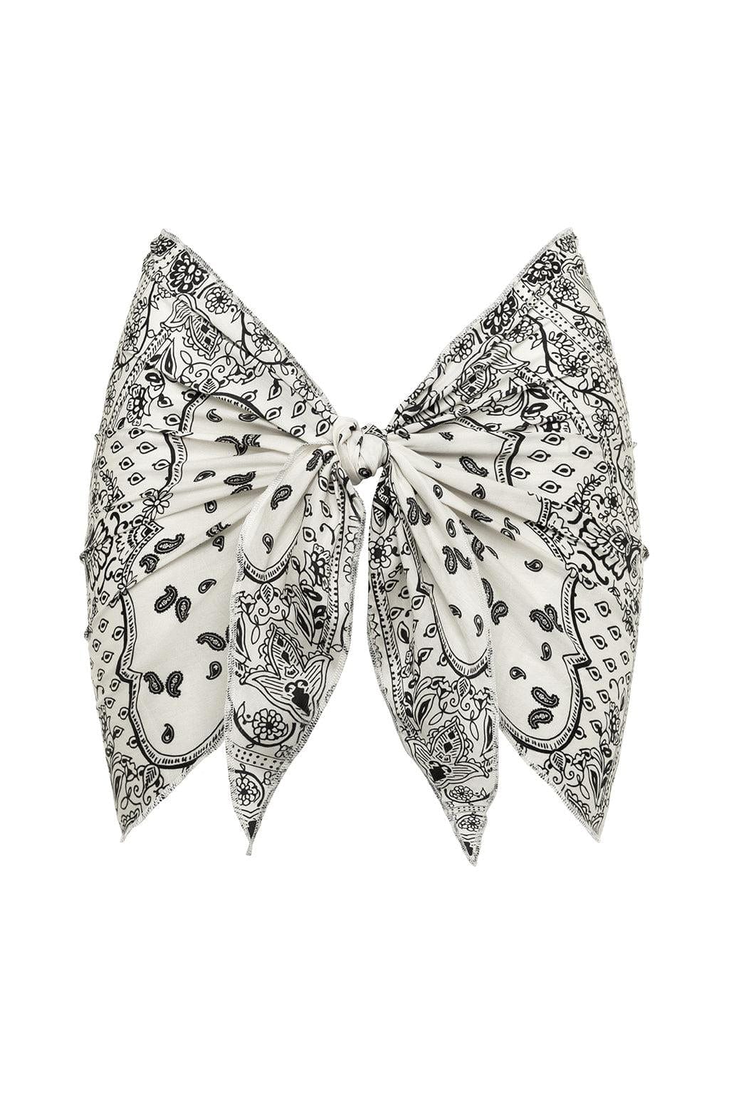 Black and white bandana sarong with ornate paisley and floral patterns tied at center.