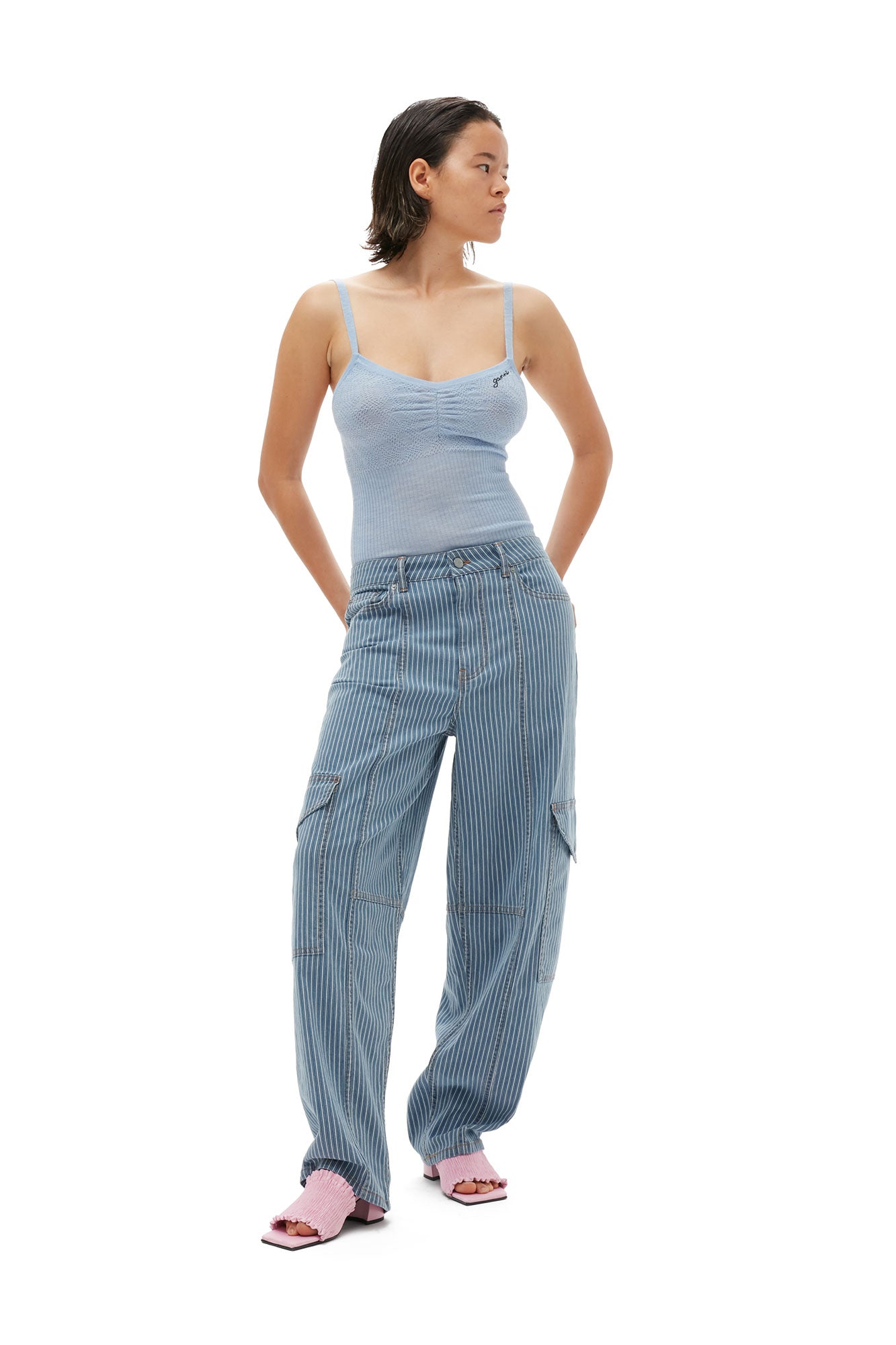 Light Stripe Denim Cargo Pants | Mid Blue Stone