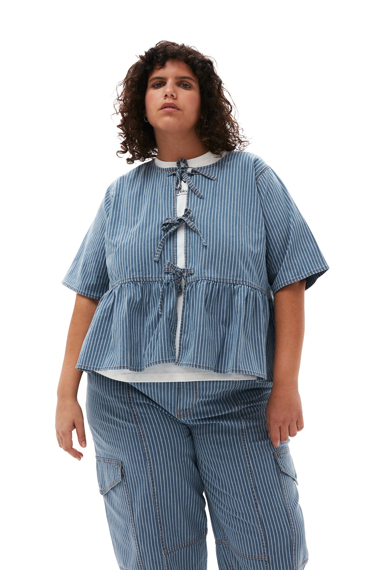 Light Stripe Denim Cargo Pants | Mid Blue Stone