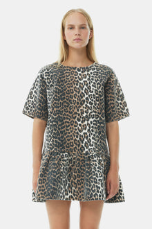 Print Denim Slip-On style Open-Back Mini Dress | Leopard