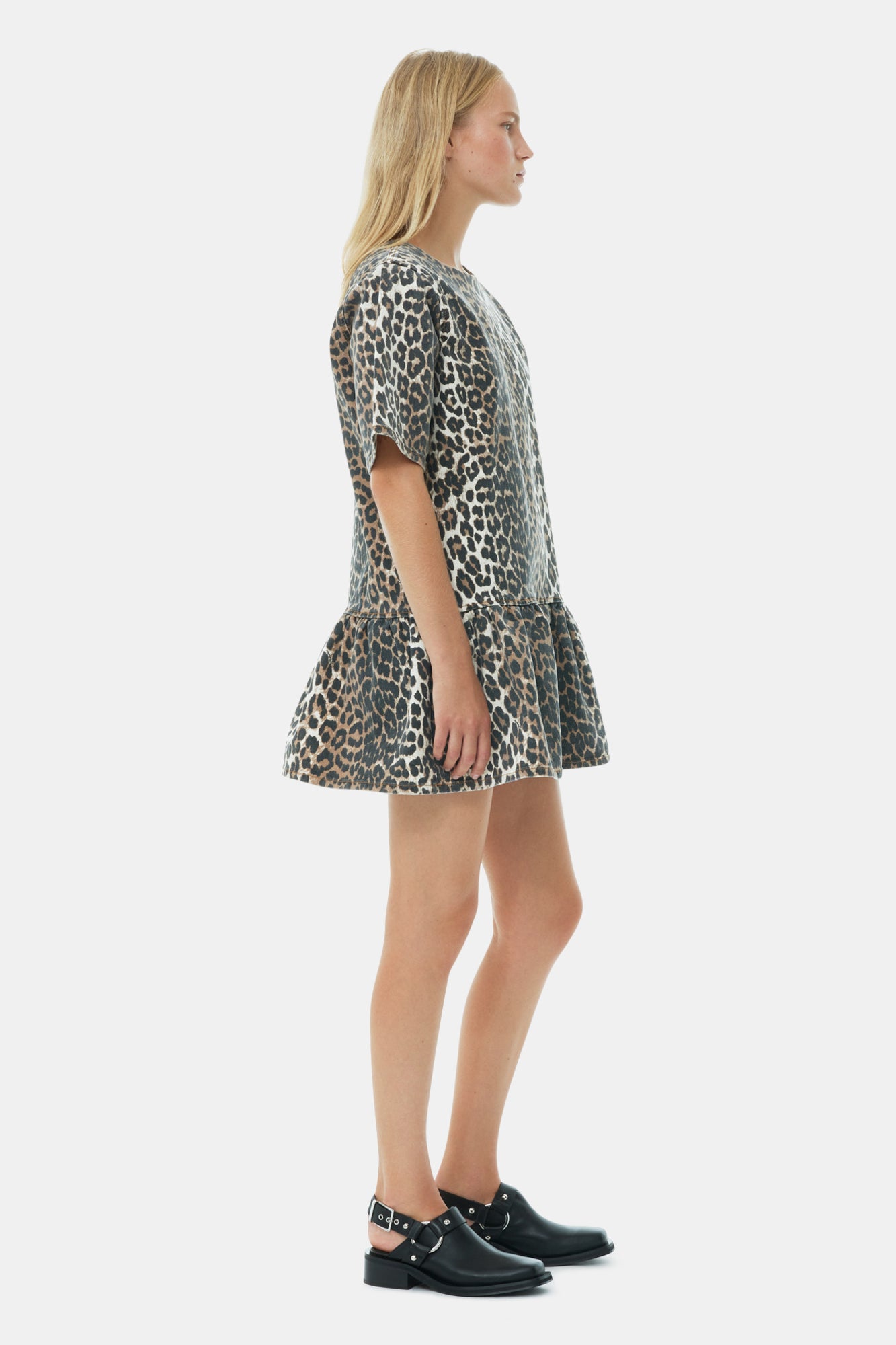Print Denim Slip-On style Open-Back Mini Dress | Leopard