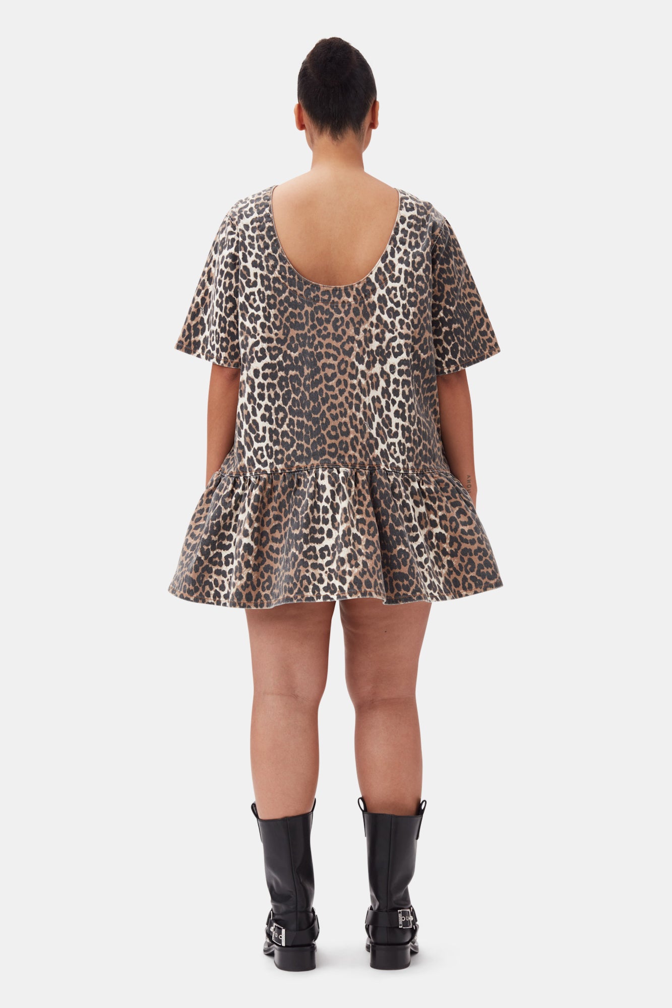 Print Denim Slip-On style Open-Back Mini Dress | Leopard