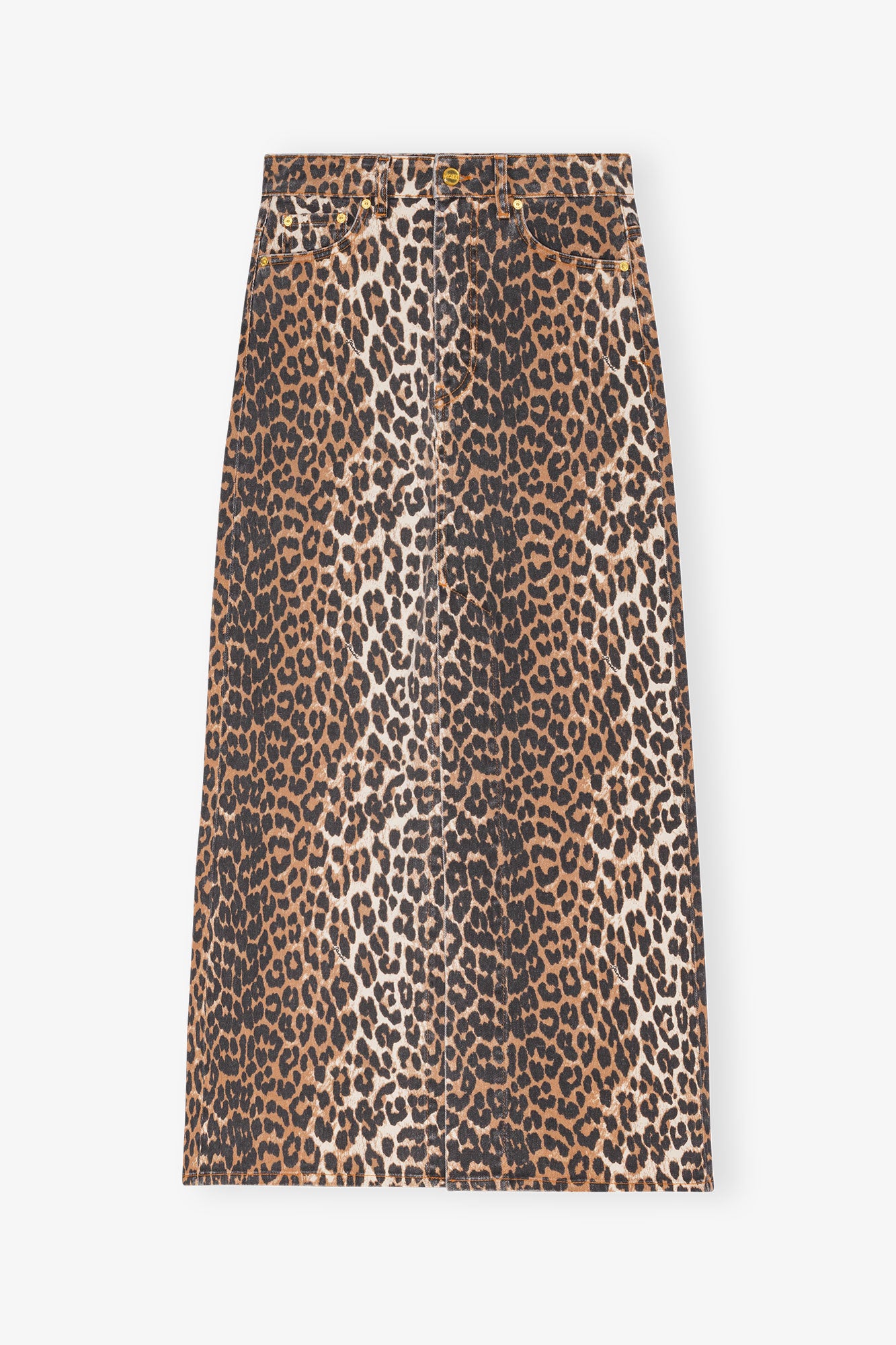 Print Denim Maxi Slit Skirt | Leopard