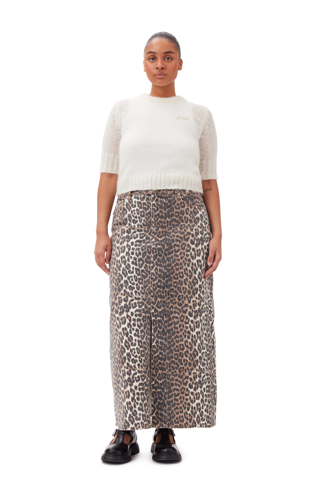 Print Denim Maxi Slit Skirt | Leopard