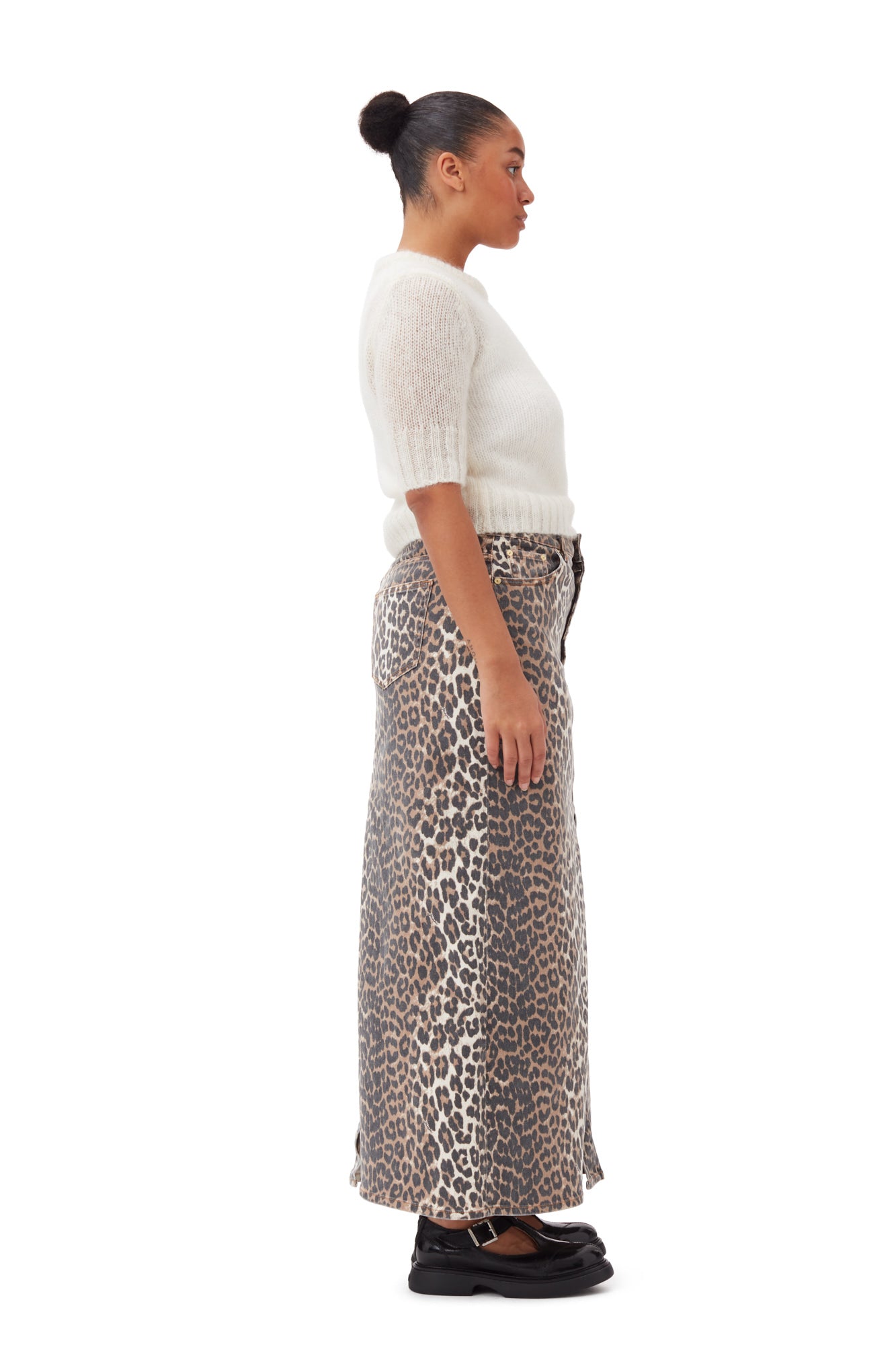 Print Denim Maxi Slit Skirt | Leopard
