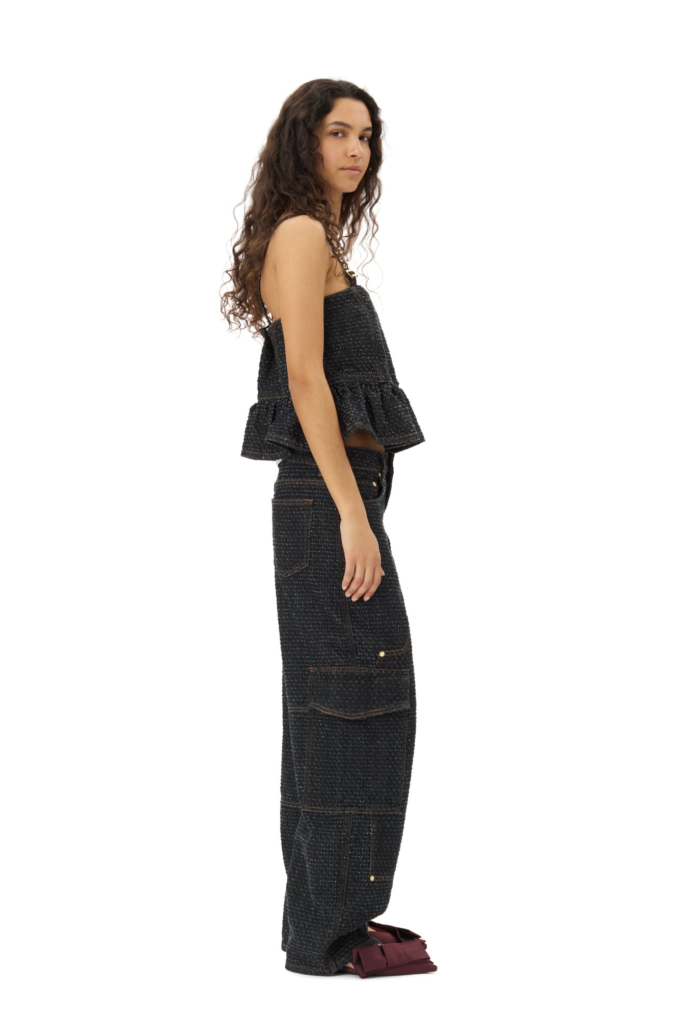 Fluffy Denim Strap Top | Black
