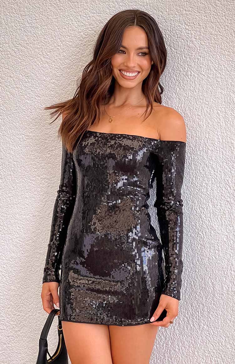 Jazmin Sequin Long Sleeve Mini Dress | Black