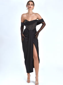 Stella Off Shoulder Crystal Corset Satin Gown | Black