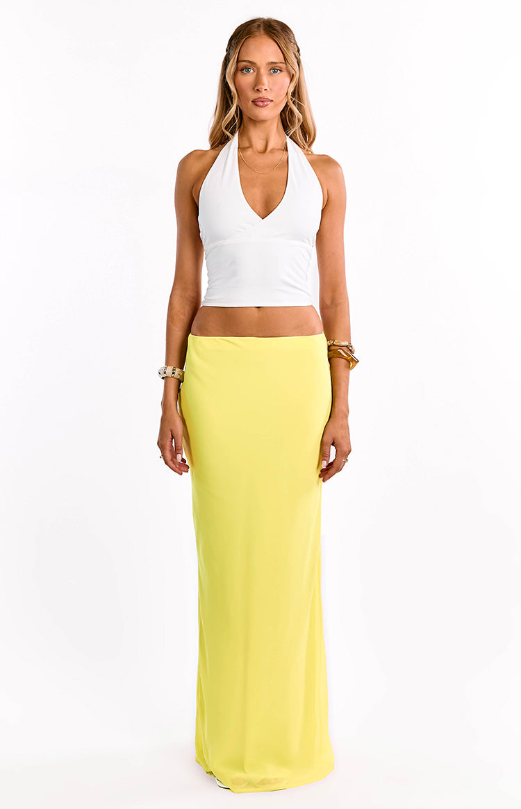Beginning Boutique Jacqulin Yellow Maxi Skirt yellow fitted bodycon maxi skirt with a smooth drape