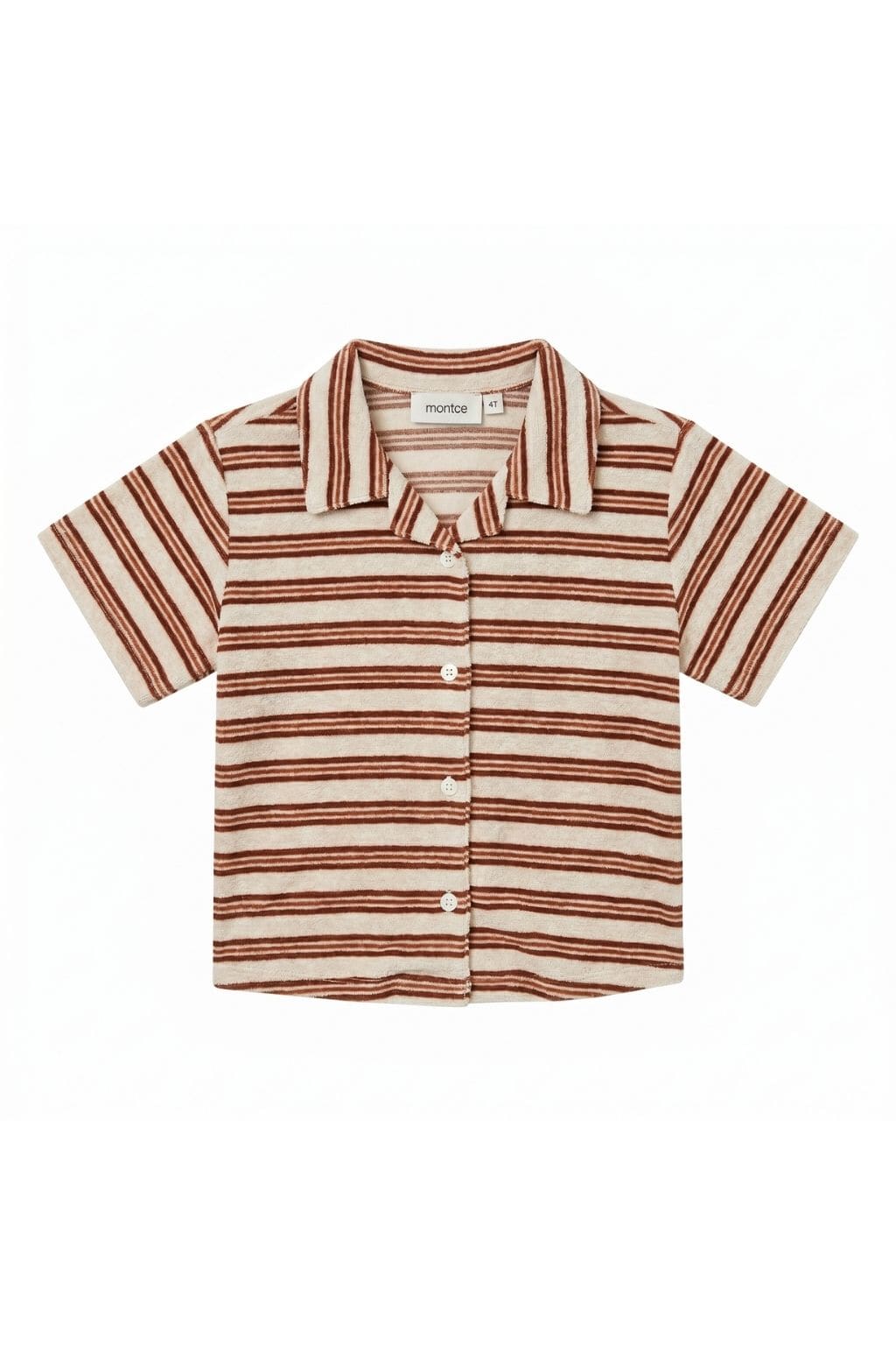 Brown and cream striped button-down shirt with short sleeves and collar.