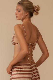 Beige and burgundy striped bikini top with adjustable tie straps and horizontal stripes on lower torso.