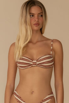Cream and burgundy striped bikini top with bow detail and adjustable shoulder straps.