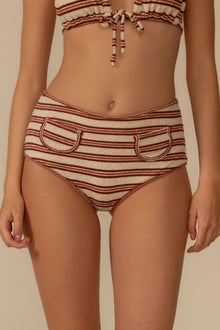 Beige and burgundy striped bikini bottom with curved pocket detailing and high-waisted fit.