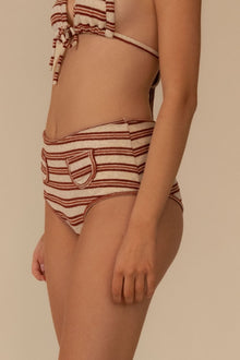 Cream and burgundy striped bikini bottom with horizontal stripes and a front pocket detail.