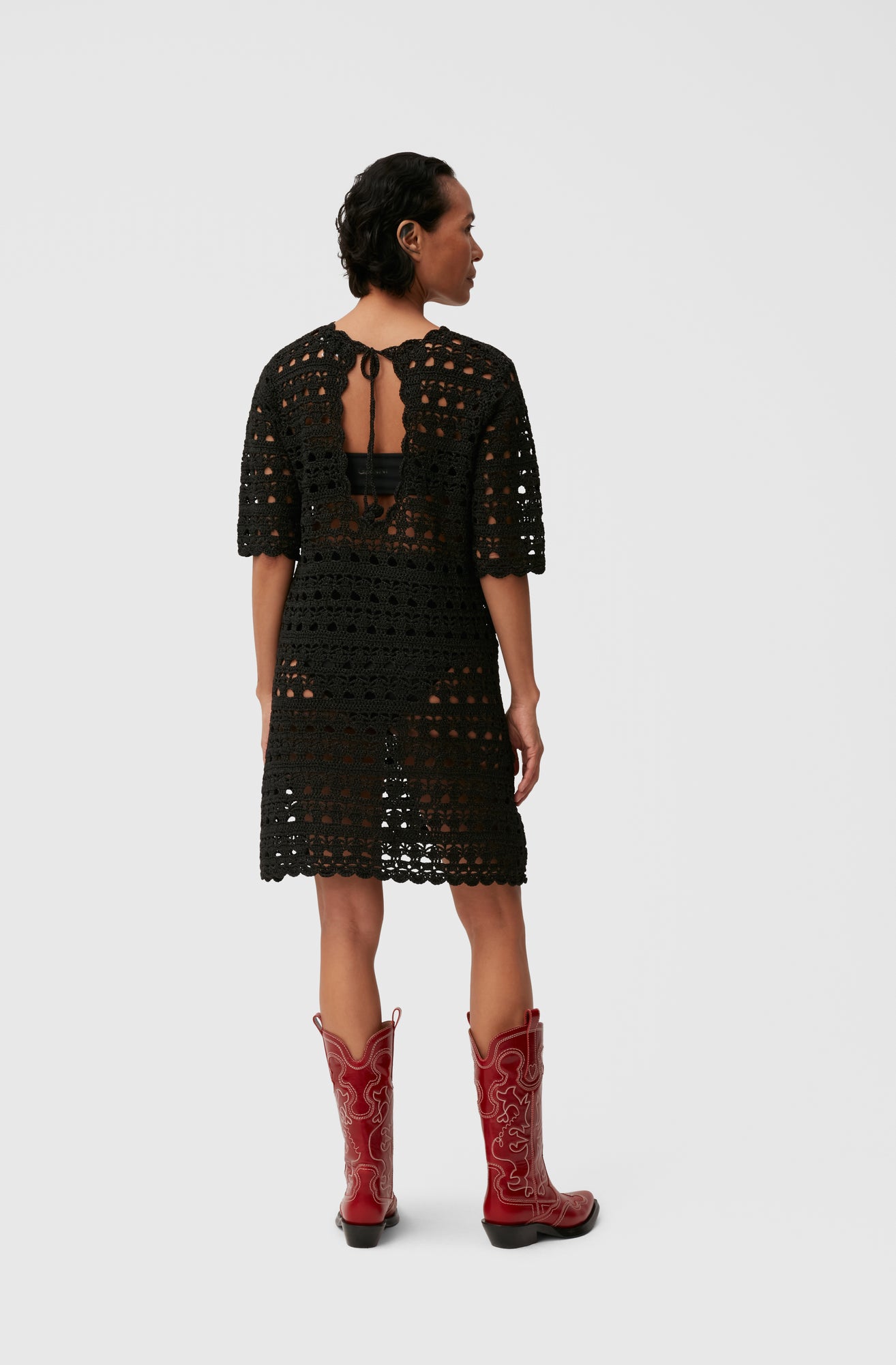 Crochet Open Back Mini Dress | Black