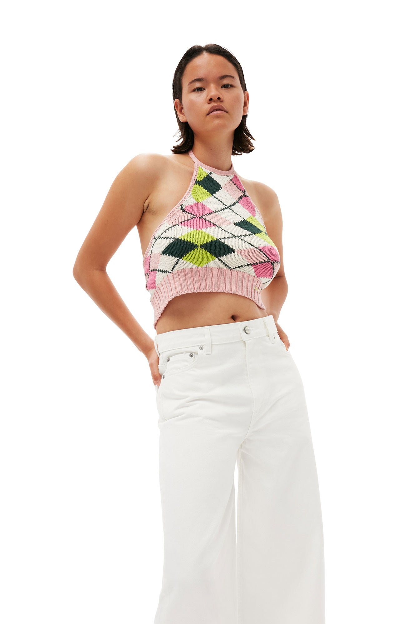 Graphic Cotton Halterneck Top | Multicolor