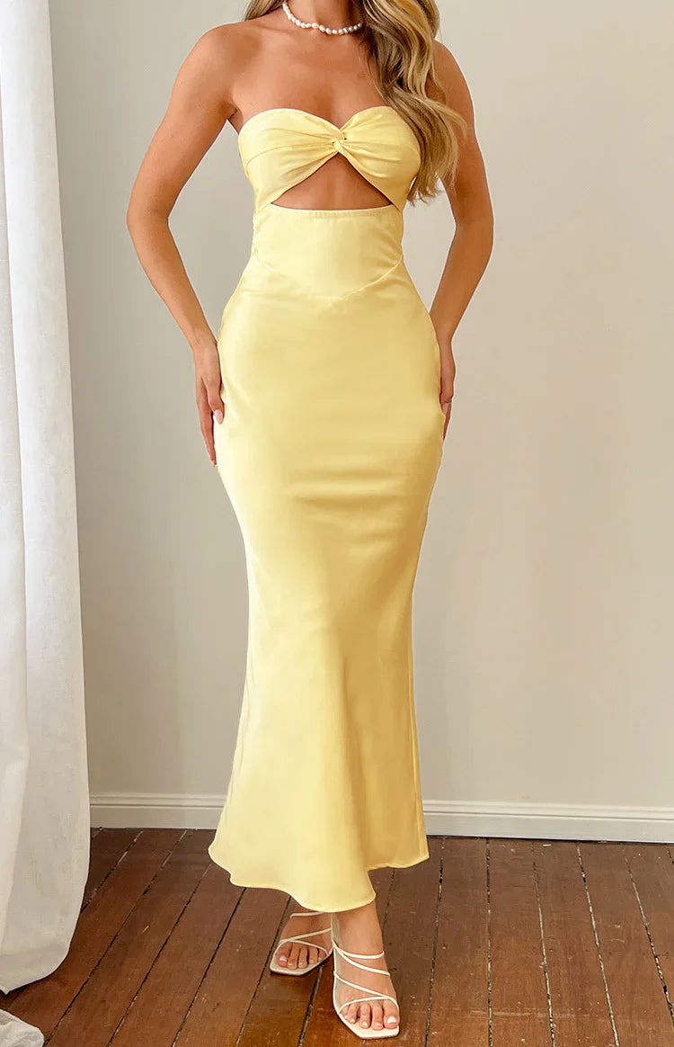 Kenna Satin Strapless Maxi Dress | Yellow