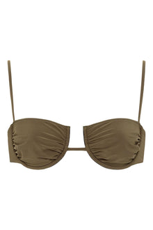 Khaki bikini top with ruched cups and thin shoulder straps on white background.