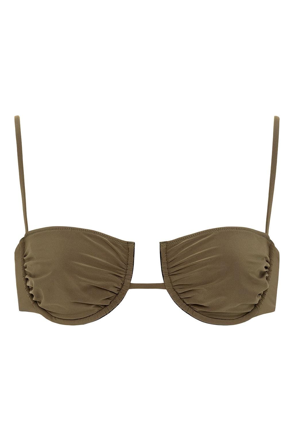 Khaki bikini top with ruched cups and thin shoulder straps on white background.