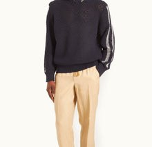 Kirk Relaxed Fit Hooded Crochet Knit Jumper | Night Iris/White Sand