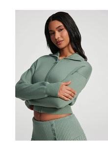 Knit Cropped Zip-Up Jacket | Sage Green