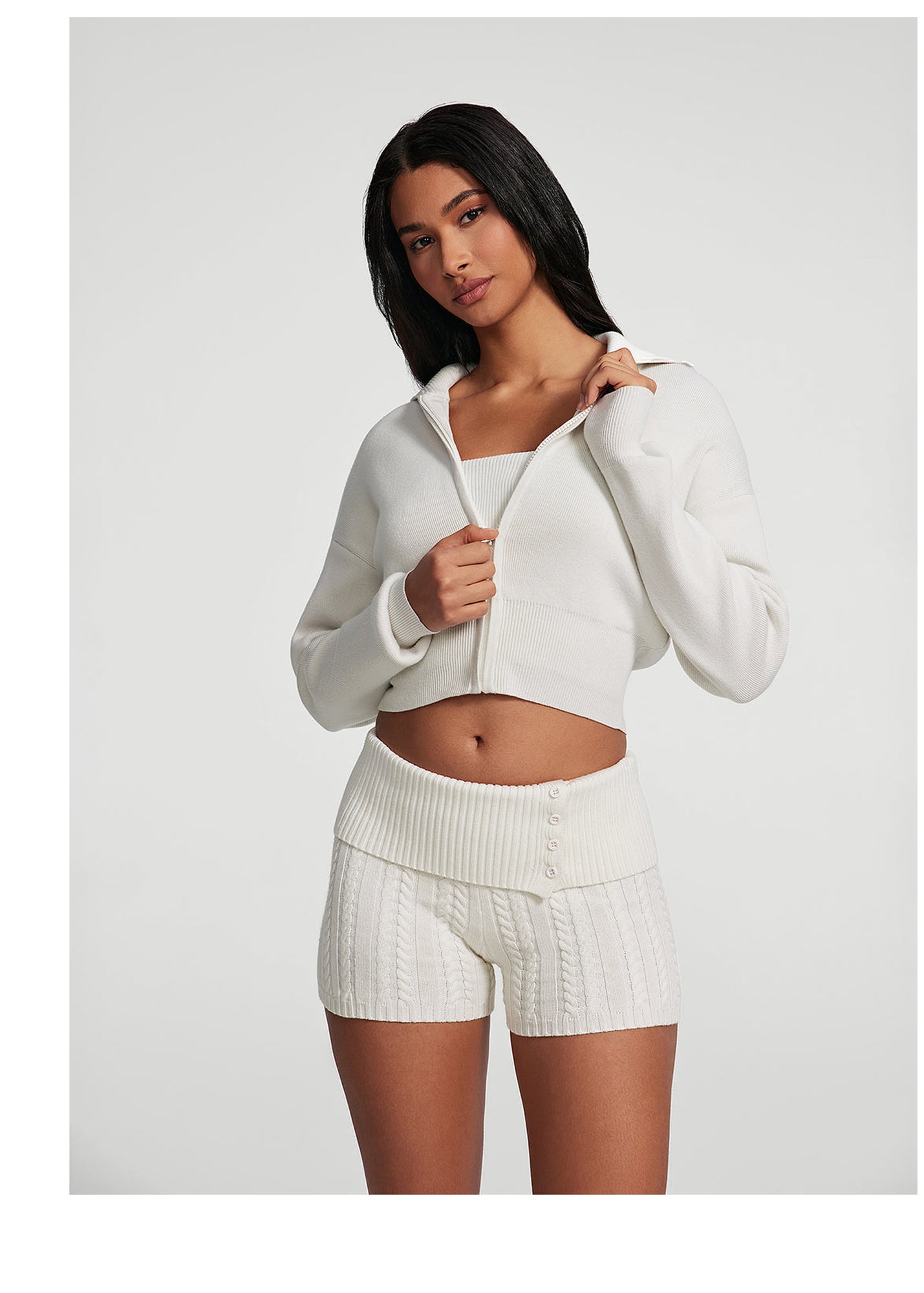 Knit Cropped Zip-Up Jacket | White