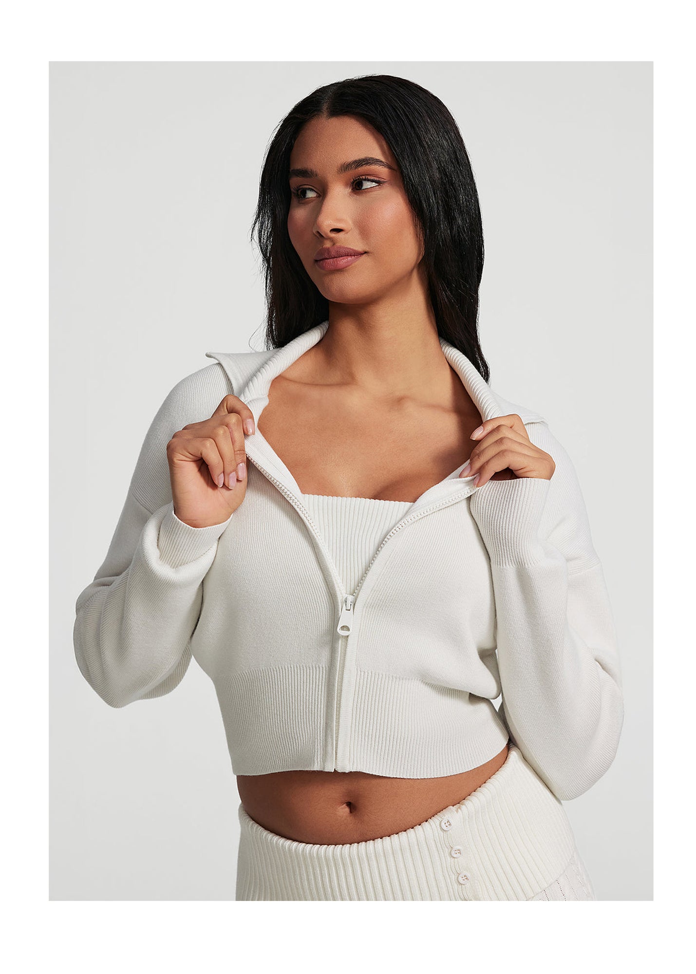 Knit Cropped Zip-Up Jacket | White