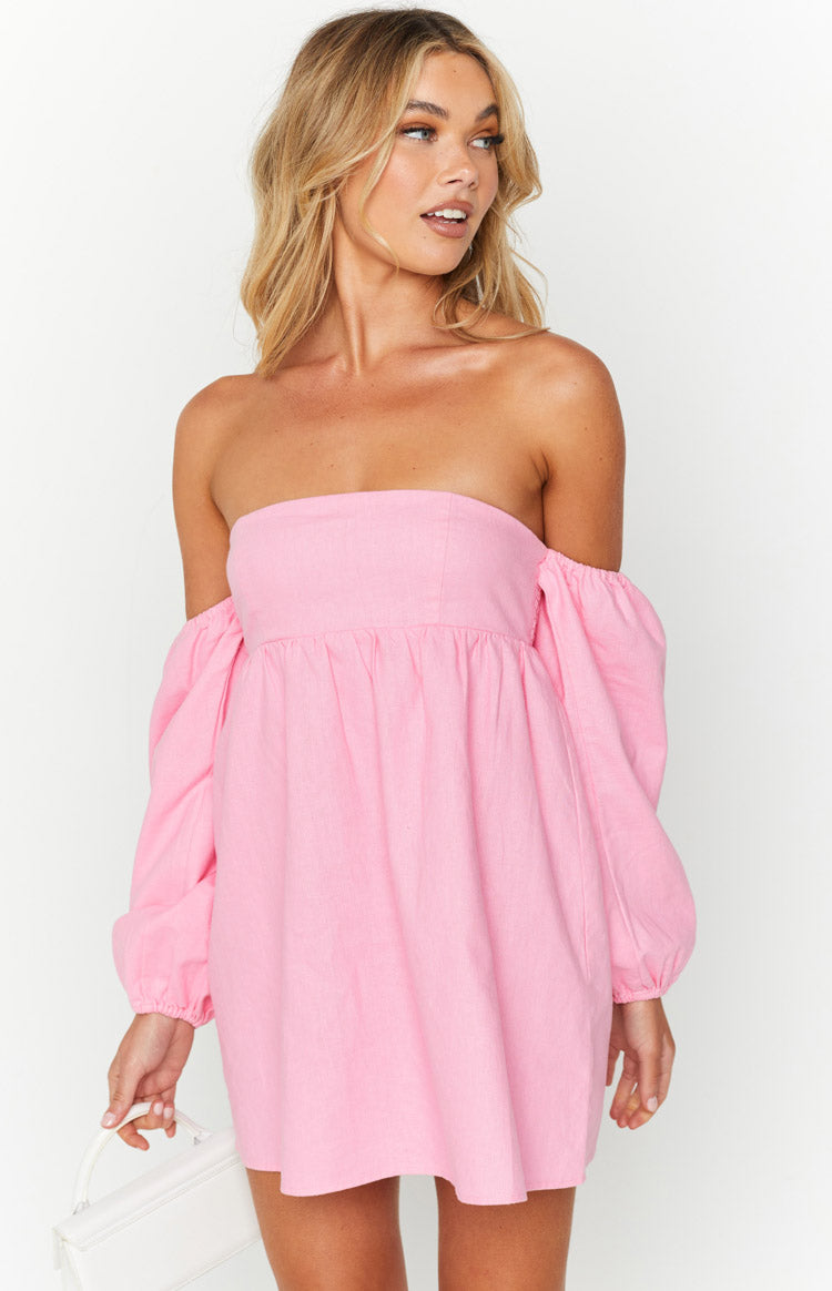 Koa Off Shoulder Linen Mini Dress | Pink
