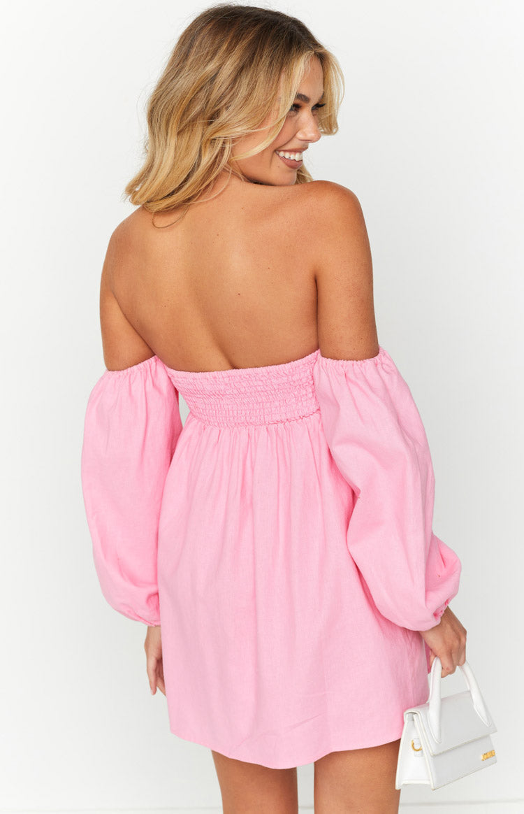 Koa Off Shoulder Linen Mini Dress | Pink