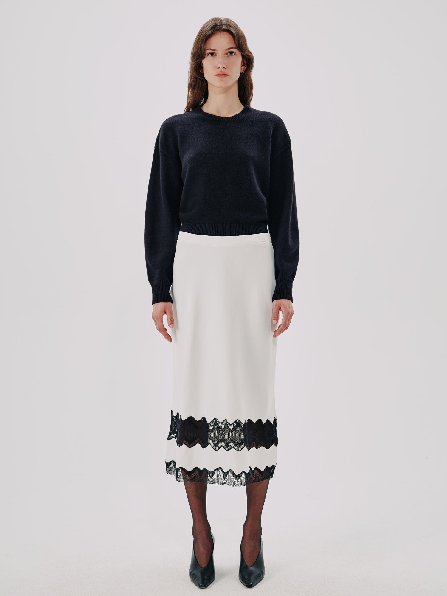 Another Tomorrow Lace Inset Skirt in White/Black – Viscose Women's Skirt
