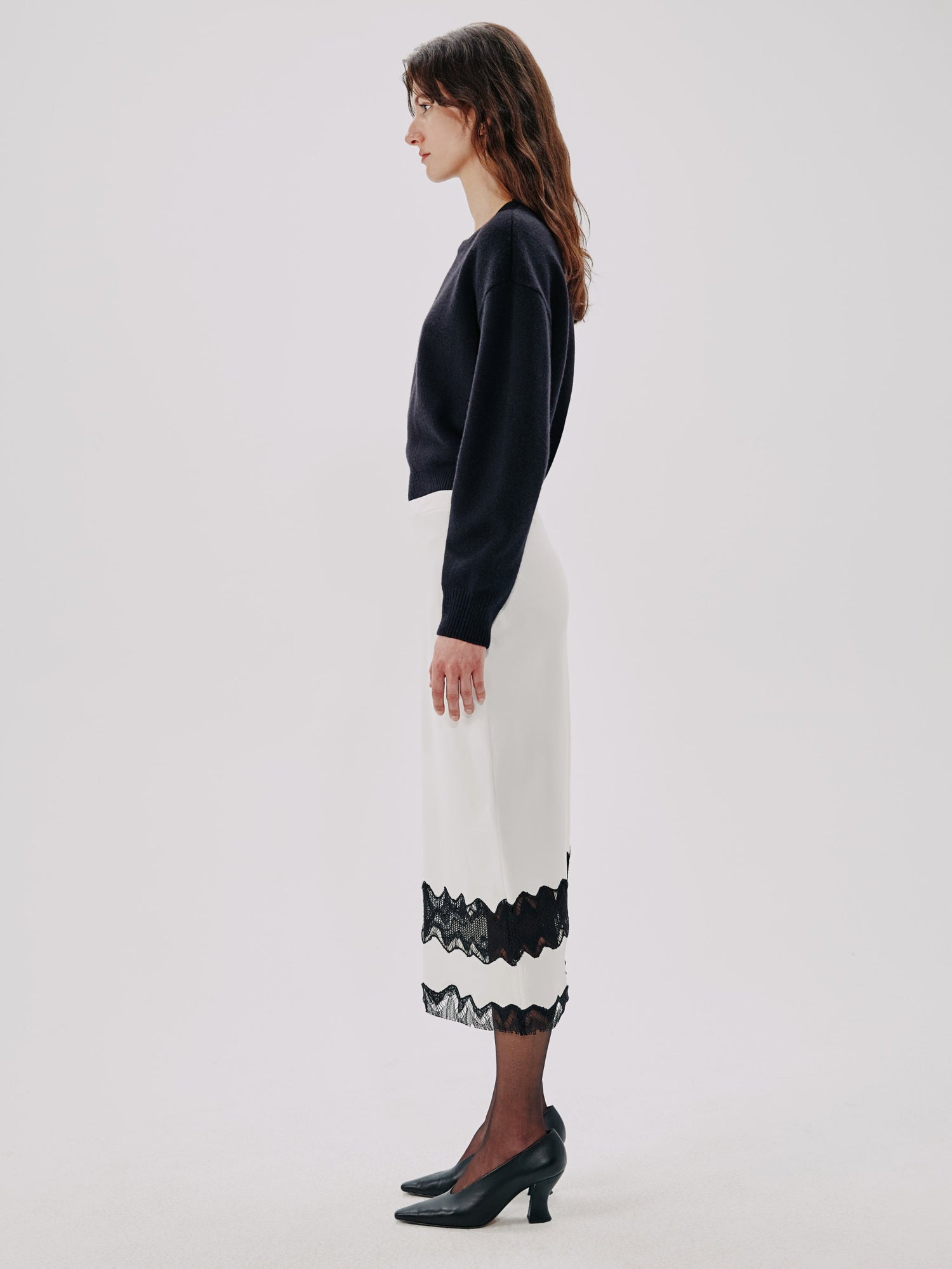 Another Tomorrow Lace Inset Skirt in White/Black – Viscose Women's Skirt