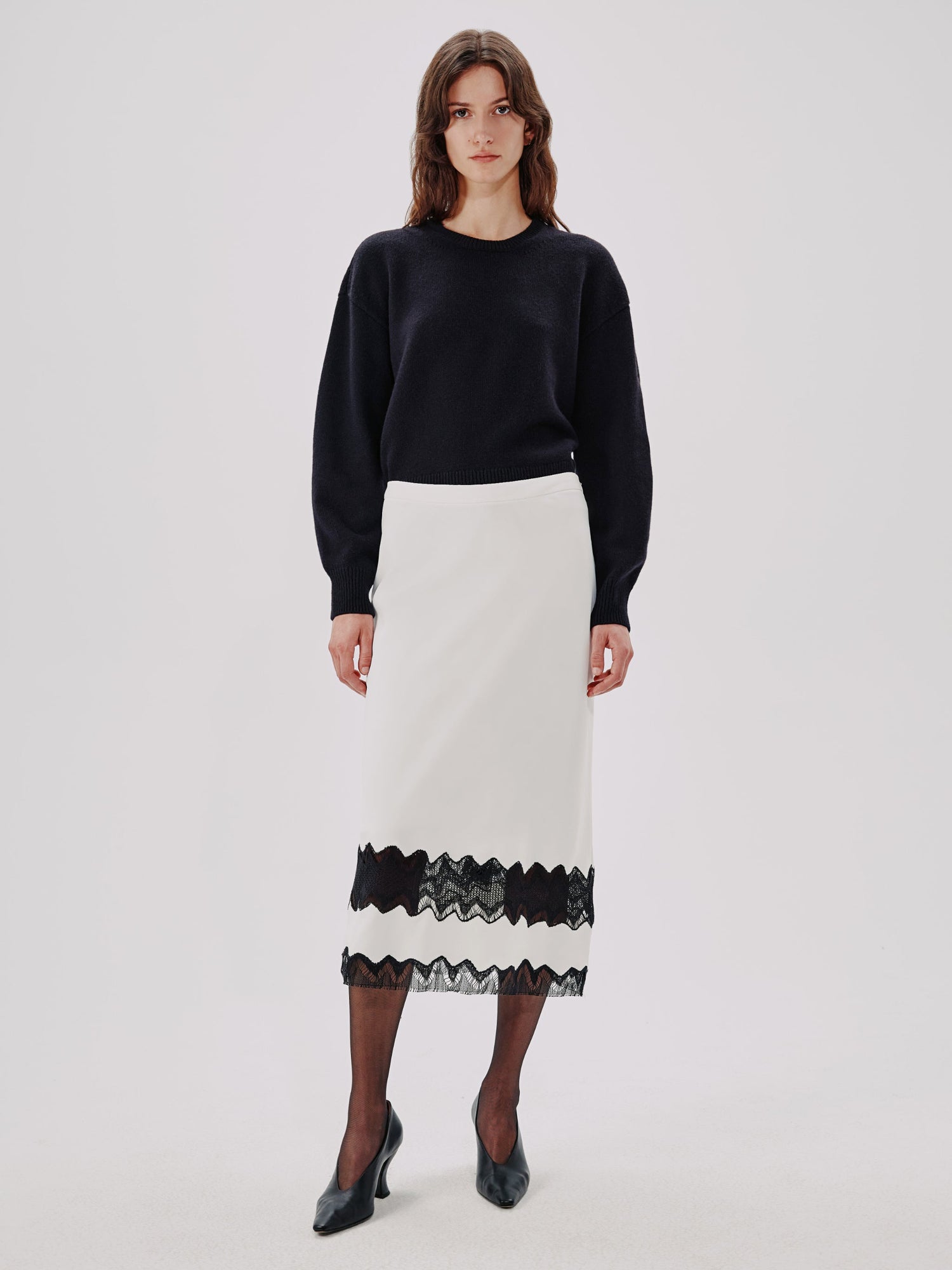 Another Tomorrow Lace Inset Skirt in White/Black – Viscose Women's Skirt