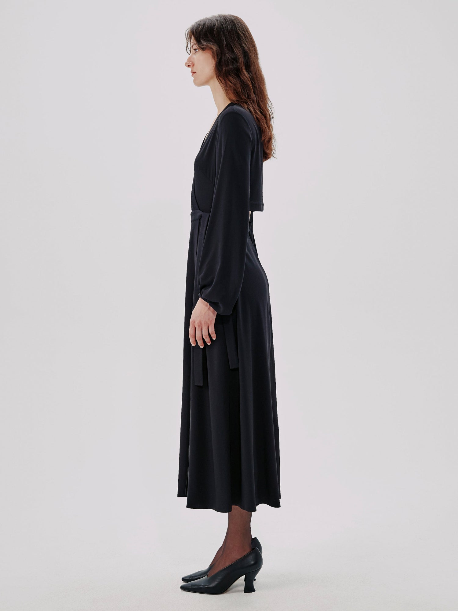 Another Tomorrow Lantern Sleeve Wrap Dress in Black – Viscose Women's Dress