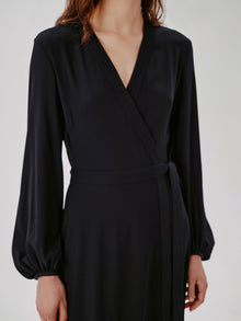 Another Tomorrow Lantern Sleeve Wrap Dress in Black – Viscose Women's Dress