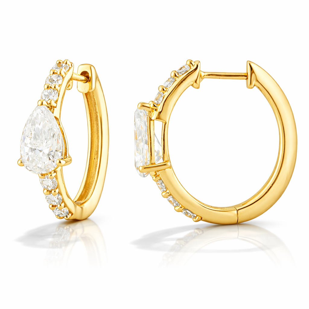 1.40 CT Pear/Round Lab-Grown Diamond | Hoop Earrings | 14K Yellow Gold | F Color | VS Clarity