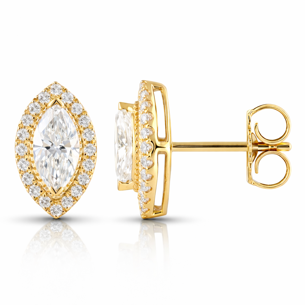 0.90 CT Marquise/Round Lab-Grown Diamond | Studs Earrings | 14K Yellow Gold | F Color | VS Clarity
