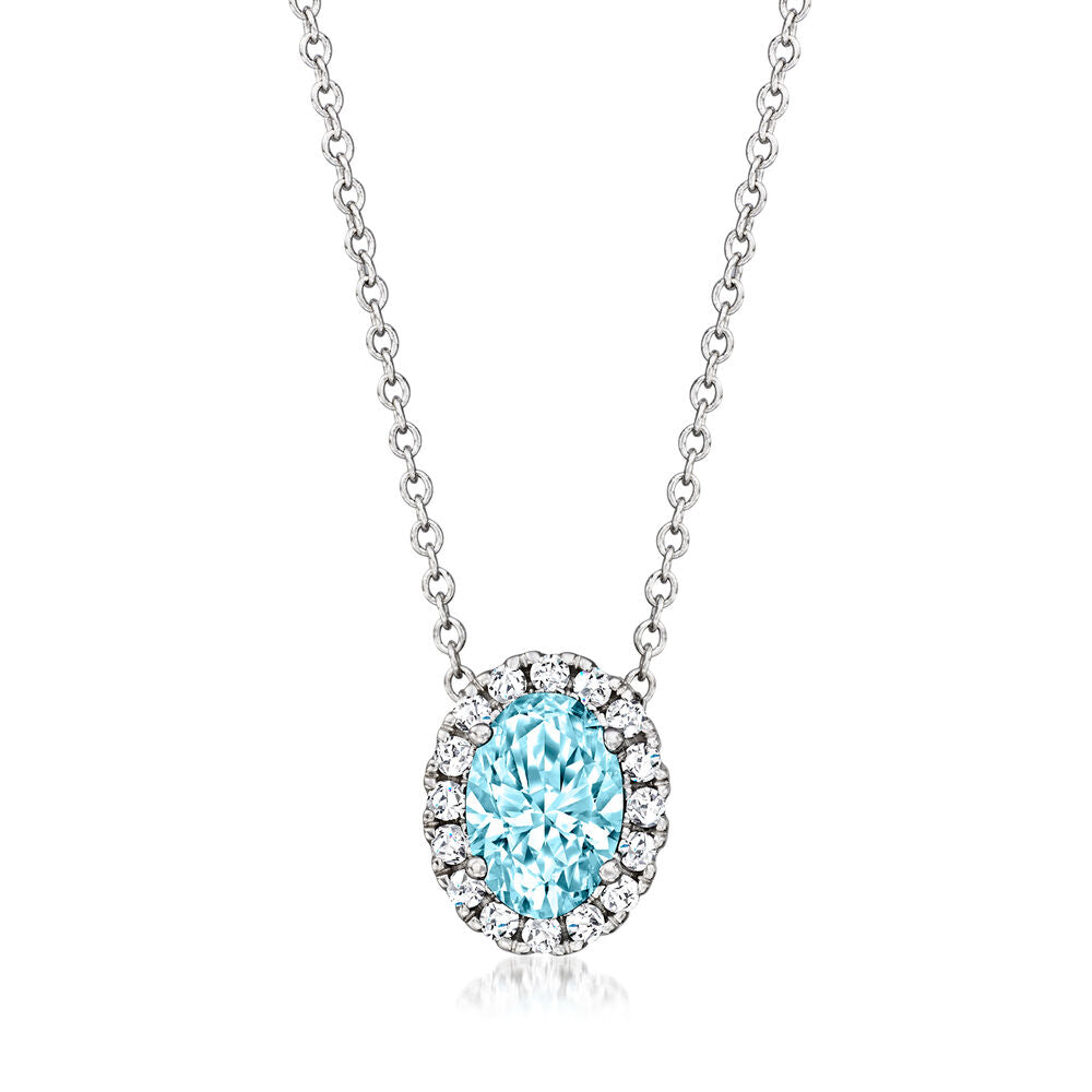 1.20 CT Oval/Round Lab-Grown Diamond | Halo Oval Pendant Necklace | 14K White Gold | Blue Color